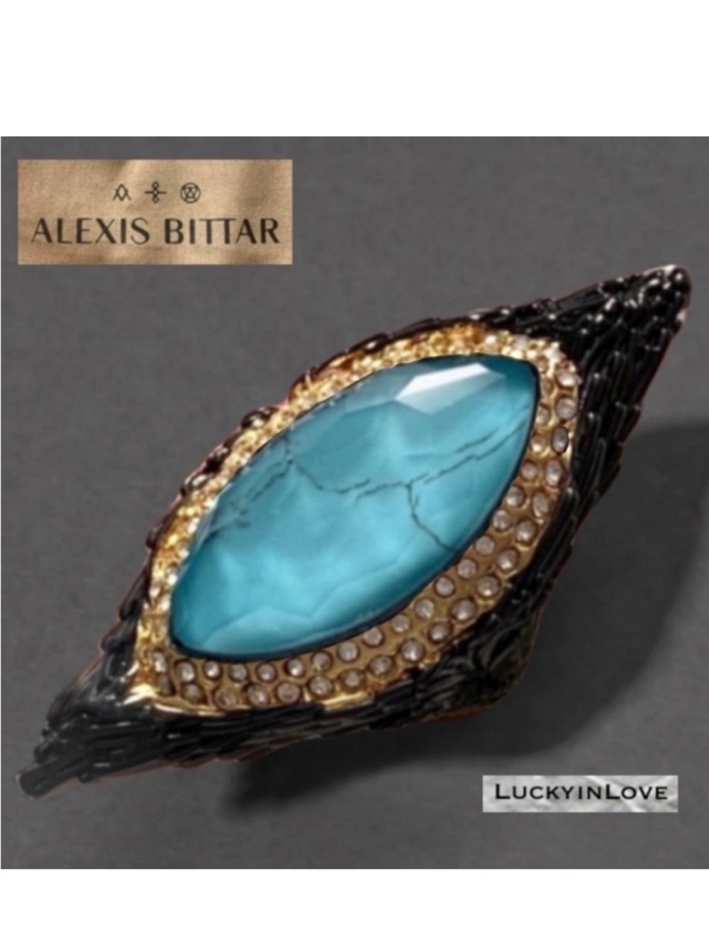 ALEXIS BITTAR Black Gunmetal Gold Doublet Turquoise Stone Maldivian Feather Ring